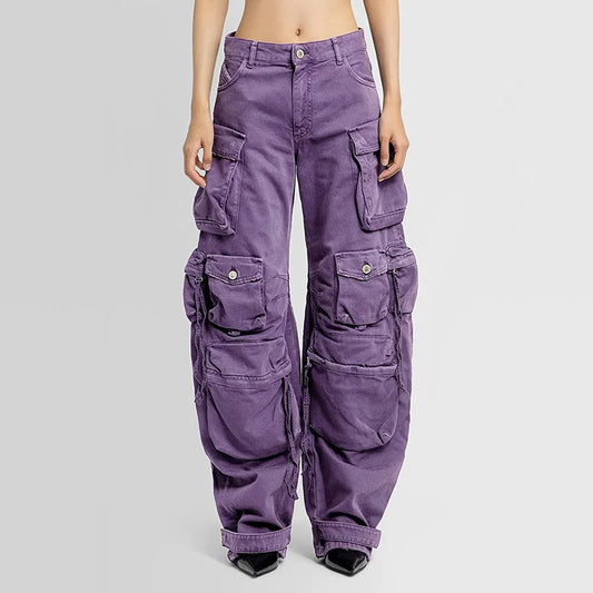 Niche Patchwork Pockets High-Waist Cargo Jeans