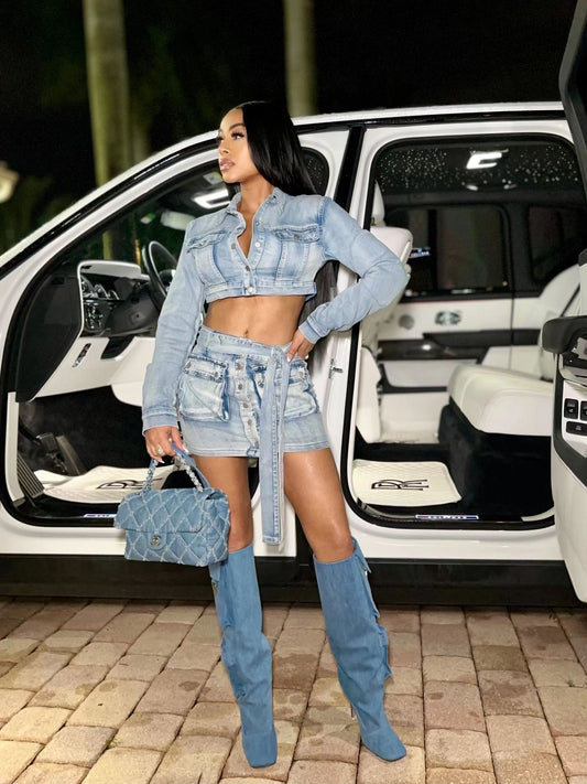 Denim Lace-Up - Pocket Skirt Set (7519198445656)