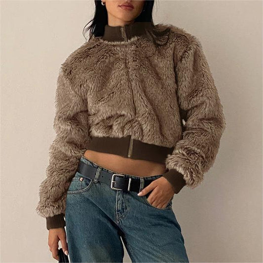 Maillard Thickened Fur Stand-Collar Zipper Coat