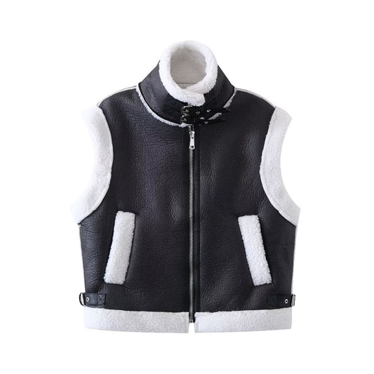 Faux Shearling Stand-Collar Vest Jacket