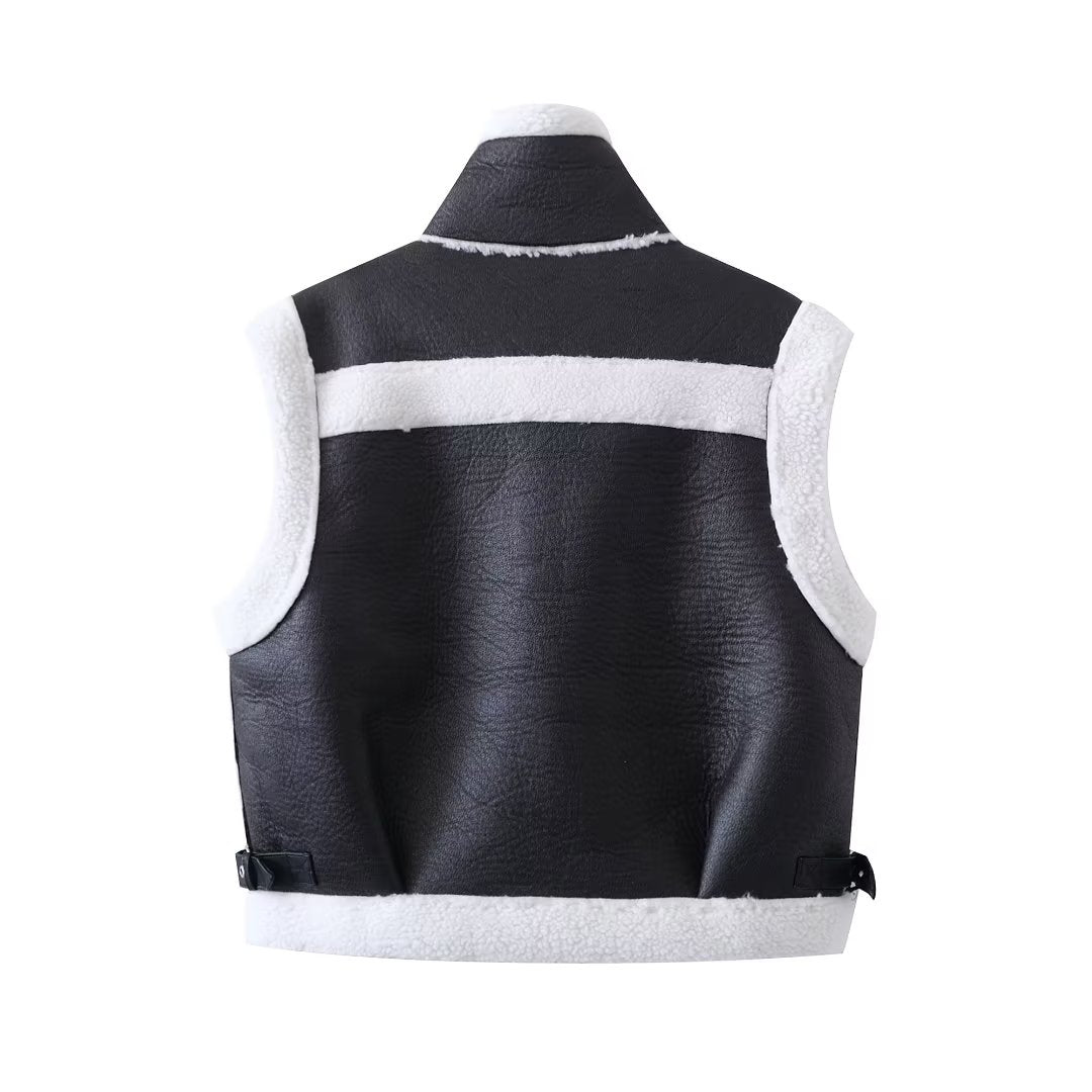 Faux Shearling Stand-Collar Vest Jacket