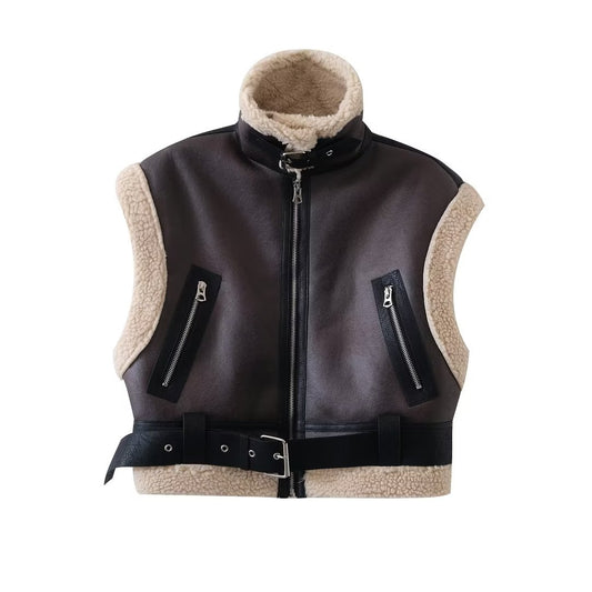 Double-Sided Faux Shearling Stand-Collar Vest Jacket