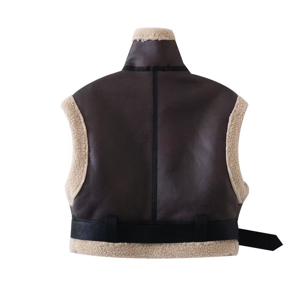 Double-Sided Faux Shearling Stand-Collar Vest Jacket