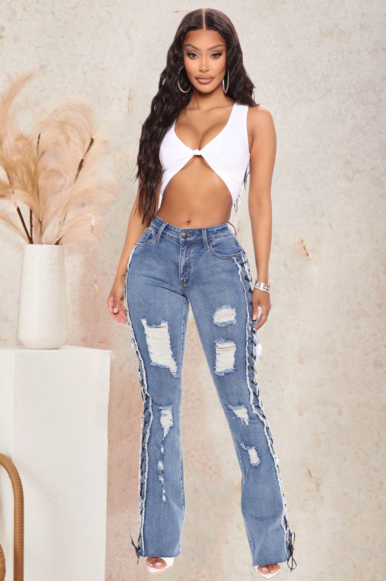Distressed & Lace-Up Denim Jeans (7524819566680)