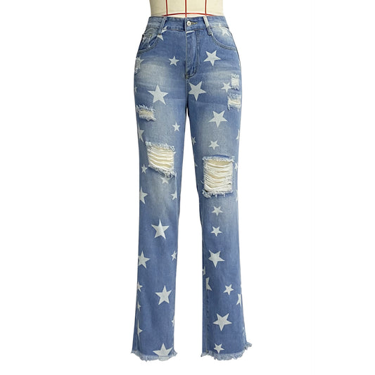 Distressed-Washed Stars Printed Denim Jeans (7524750032984)