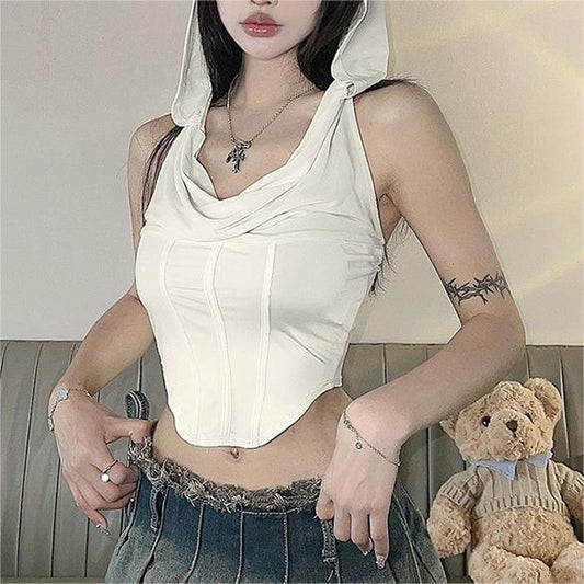 Solid Color Slim-Fit Hollow-Out Cut-Out Hooded Halter Crop-Top