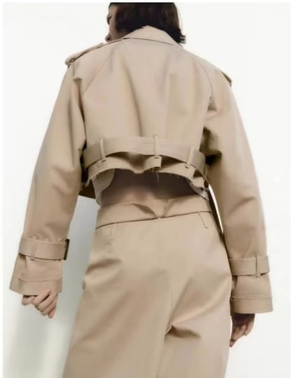 Summer Casual All Matching Turn-down Collar Long Sleeve Loose Buckle Short Trench Coat Women (7524905680984)