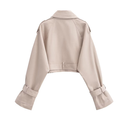 Summer Casual All Matching Turn-down Collar Long Sleeve Loose Buckle Short Trench Coat Women (7524905680984)