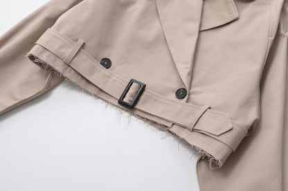 Summer Casual All Matching Turn-down Collar Long Sleeve Loose Buckle Short Trench Coat Women (7524905680984)