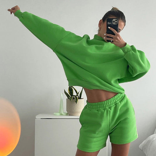 Turtleneck Long-Sleeves - Top Sports Shorts Two-Piece Set (7516838789208)