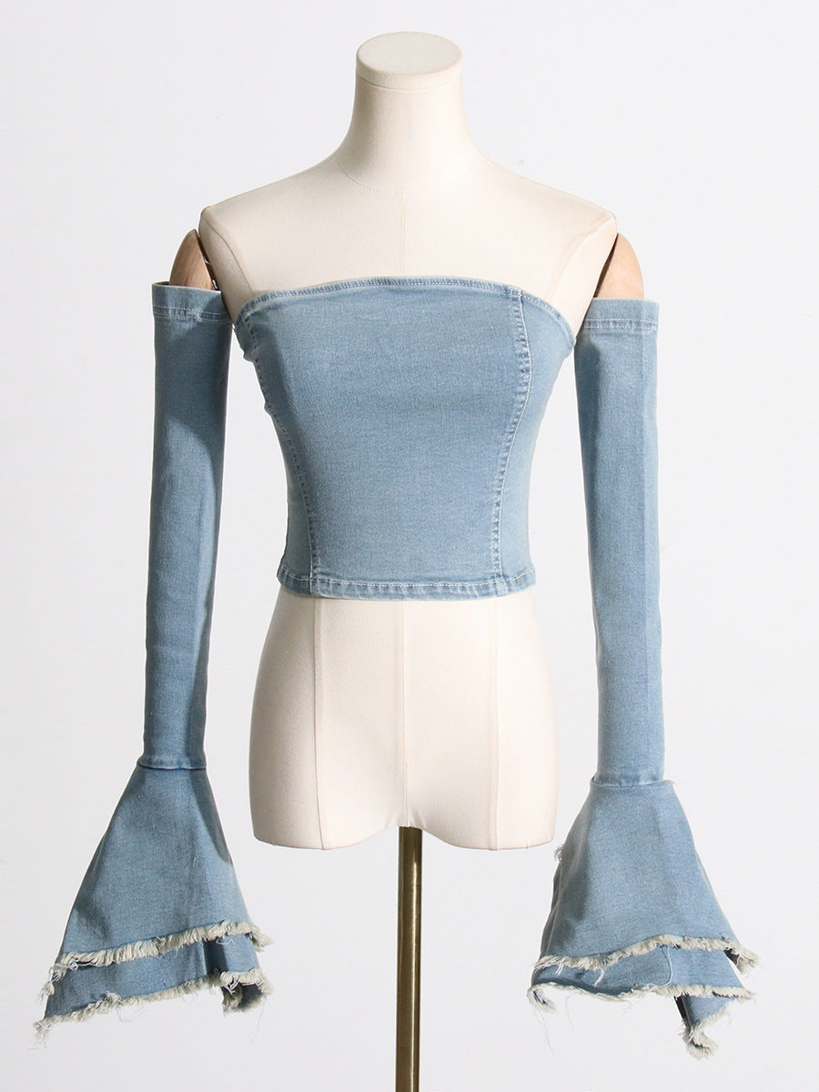 From The Top - Denim Tube Top Slim-Fit Cut-Out Crop-Top (7517948117080)