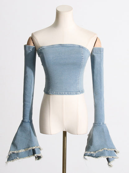 From The Top - Denim Tube Top Slim-Fit Cut-Out Crop-Top (7517948117080)