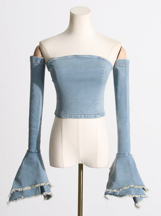 From The Top - Denim Tube Top Slim-Fit Cut-Out Crop-Top (7517948117080)