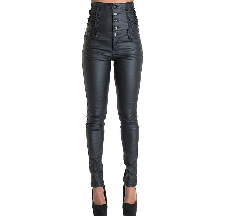 Lace-Up Button-Up High-Waist Faux Leather Skinny Stretchy Pants (7524749869144)