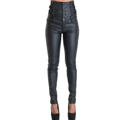 Lace-Up Button-Up High-Waist Faux Leather Skinny Stretchy Pants (7524749869144)
