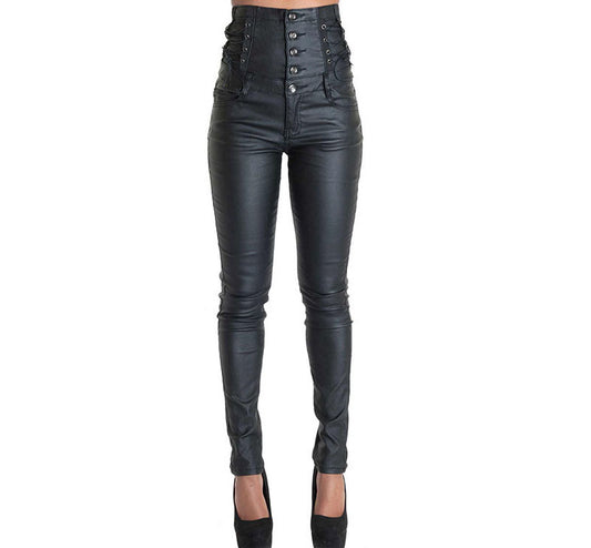 Lace-Up Button-Up High-Waist Faux Leather Skinny Stretchy Pants (7524749869144)