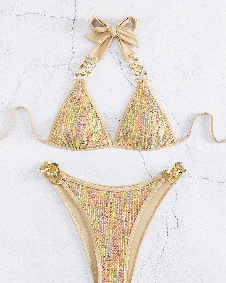 Sequined Lace-Up Chain - Gold Bikini Swimset (7516561997912)