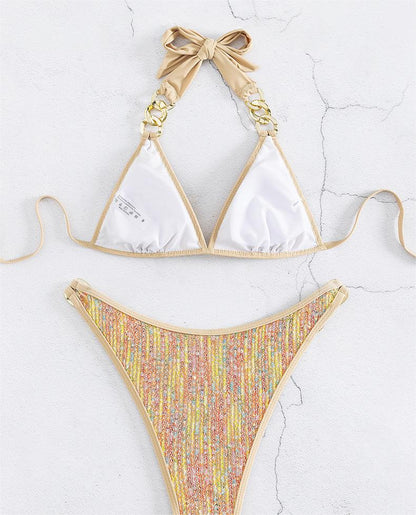 Sequined Lace-Up Chain - Gold Bikini Swimset (7516561997912)