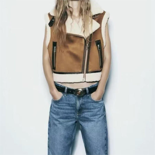 Faux Shearling Polo Collar Jacket Vest