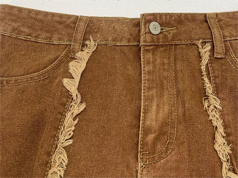 A-Line Sheath Fishtail Tassel High-Waist Brown-Washed Asymmetrical Denim Skirt