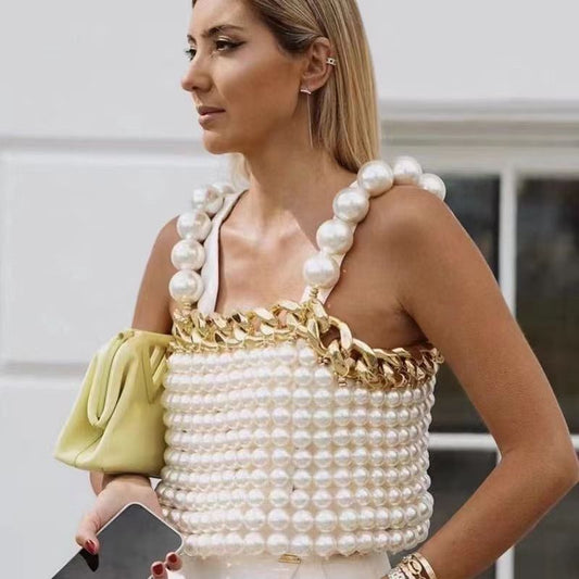 Metal Chain & Big Pearls Vest Crop-Top