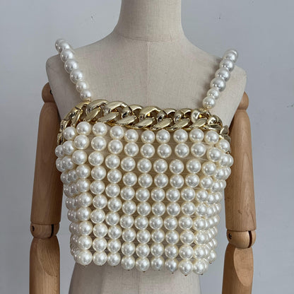 Metal Chain & Big Pearls Vest Crop-Top