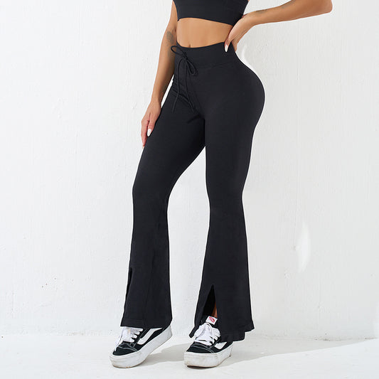 Bell-Bottom-y! - Drawstrings High-Waist Slit Bell-Bottoms Yoga Pants (7520615235672)