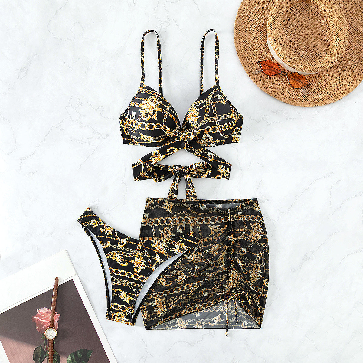 Three-Piece Steel Chains - Printed Lace-Up Bikini (7516579463256)