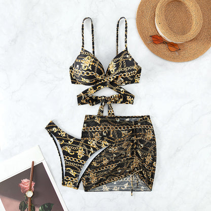 Three-Piece Steel Chains - Printed Lace-Up Bikini (7516579463256)