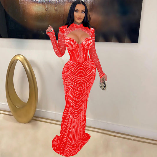 Solid Color Rhinestones Mesh Long Sleeves Maxi Dress