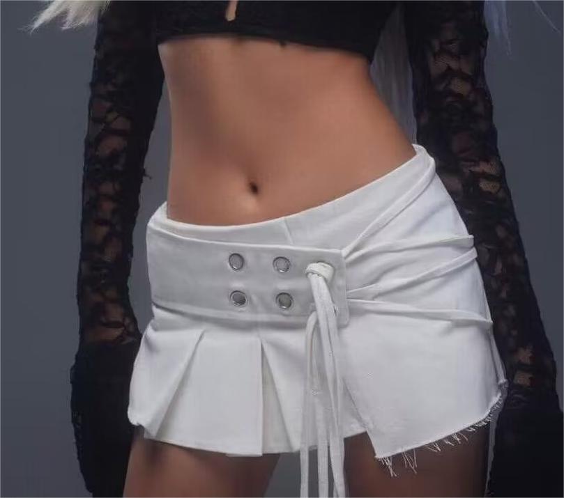 Metal Buckle Double-Belt Pleated A-Line Mini Skirt (7524819501144)