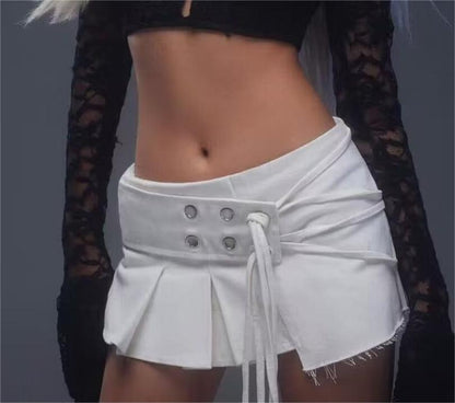 Metal Buckle Double-Belt Pleated A-Line Mini Skirt (7524819501144)