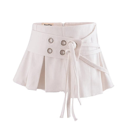 Metal Buckle Double-Belt Pleated A-Line Mini Skirt (7524819501144)