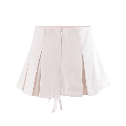 Metal Buckle Double-Belt Pleated A-Line Mini Skirt (7524819501144)