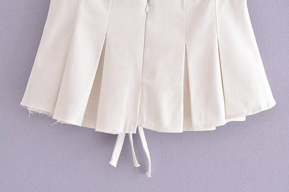 Metal Buckle Double-Belt Pleated A-Line Mini Skirt (7524819501144)