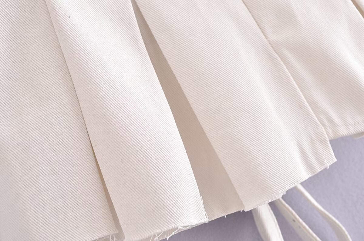 Metal Buckle Double-Belt Pleated A-Line Mini Skirt (7524819501144)
