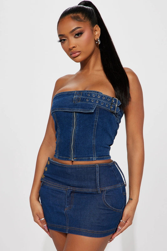 Strapless Tube Top - Buckle Stretch & Stretchy Denim Skirt Set (7522342174808)