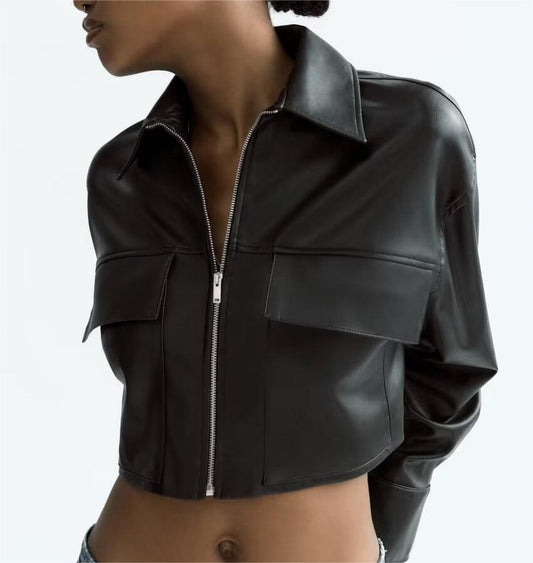 Crop-Top Faux Leather Jacket