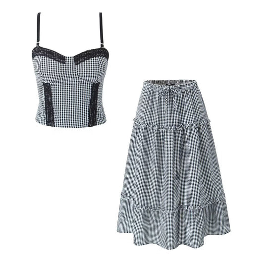Plaid Pullover Lace Straps Top Drawstring A-Line Skirt Set
