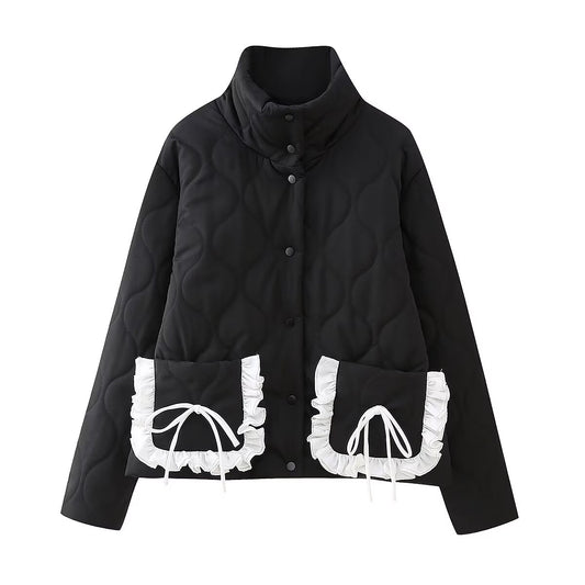 Spring Women Clothing Bowknot Pocket Decoration Stand up Collar Cotton Padded Coat (7525013618776)