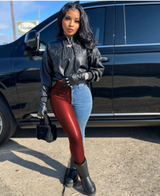 Slim-Fit Faux Leather Denim Jeans