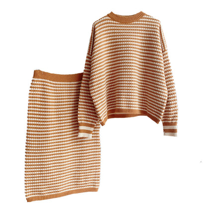 Retro Striped Knitted Skirt & Sweater Two-Piece Set