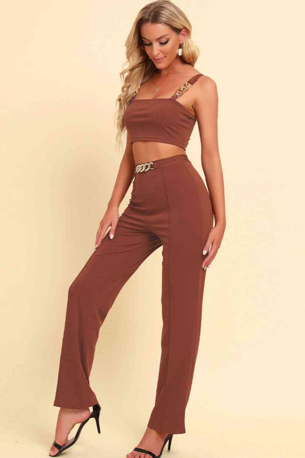 Chain Detail - Cropped Cami and Straight Leg Pants Set (7501465550936)