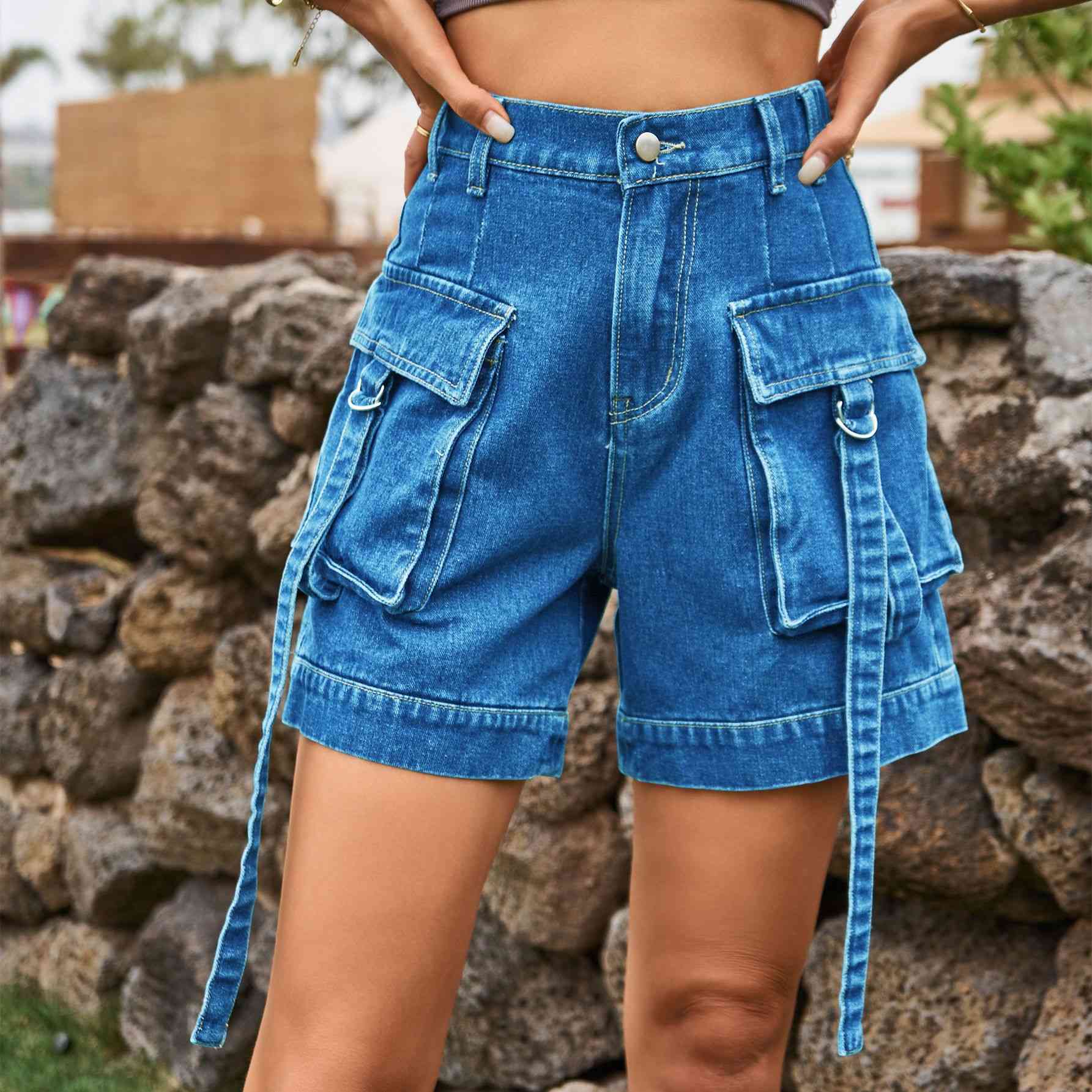 Cargo Denim - High-Waist Denim Cargo Shorts (7500850200664)