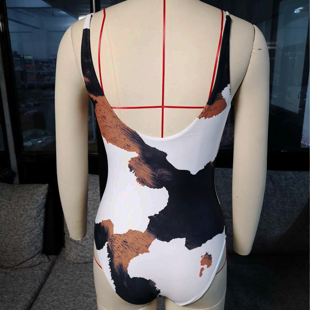 One-Piece Cow-Print Bikini Style Swimsuit (7516540600408)