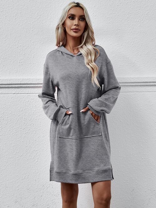 Long Long Sleeves - Slit Hooded Dress With Pocket (7505547559000)