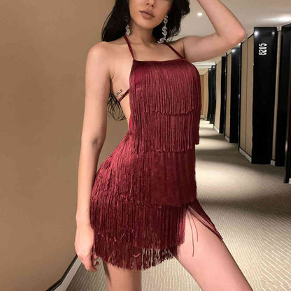 Hello Fringe - Fringed Halter Neck Tied Back Mini Dress (7505547591768)