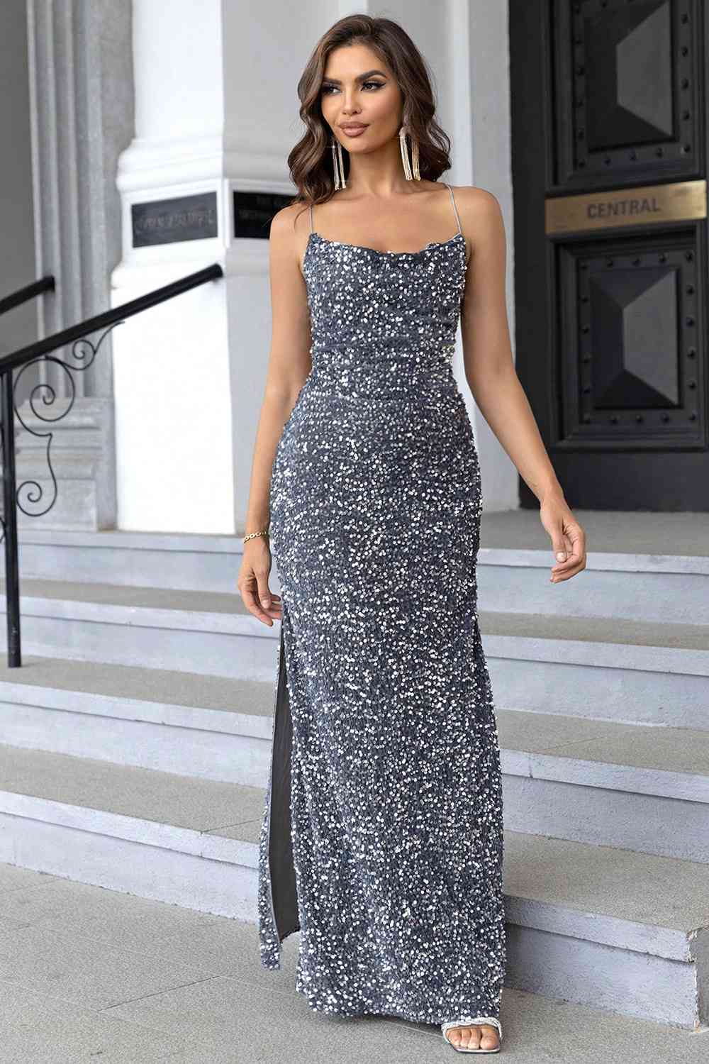 Sequin Backless Split - Maxi Dress (7515517026392)