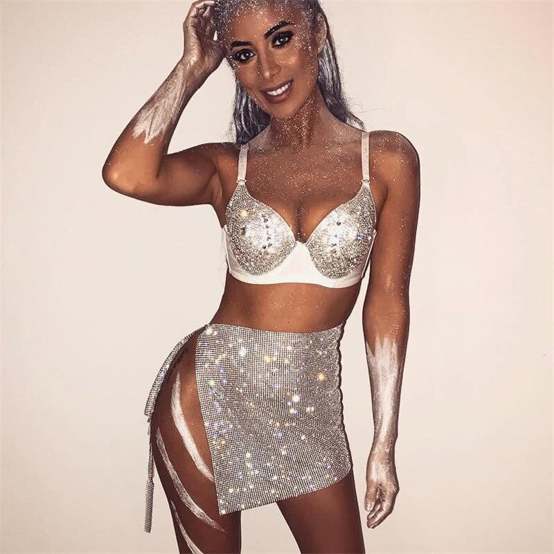 Rhinestones Slit Skirt