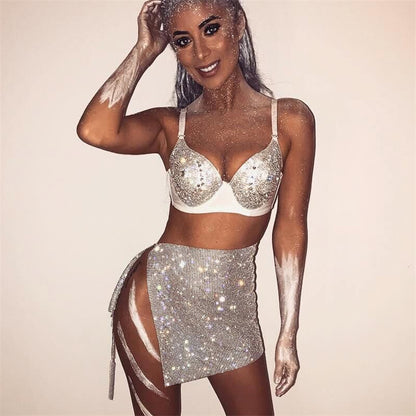 Rhinestones Slit Skirt